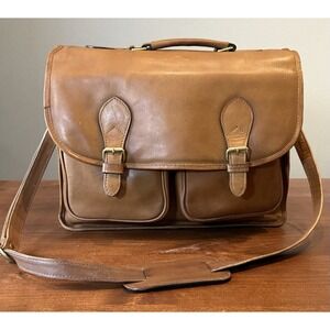 Vintage Brown Leather Double Flapover Briefcase Work School Laptop Travel Bag